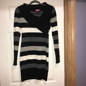 Striped Sweater Dress with Large Folded Collar